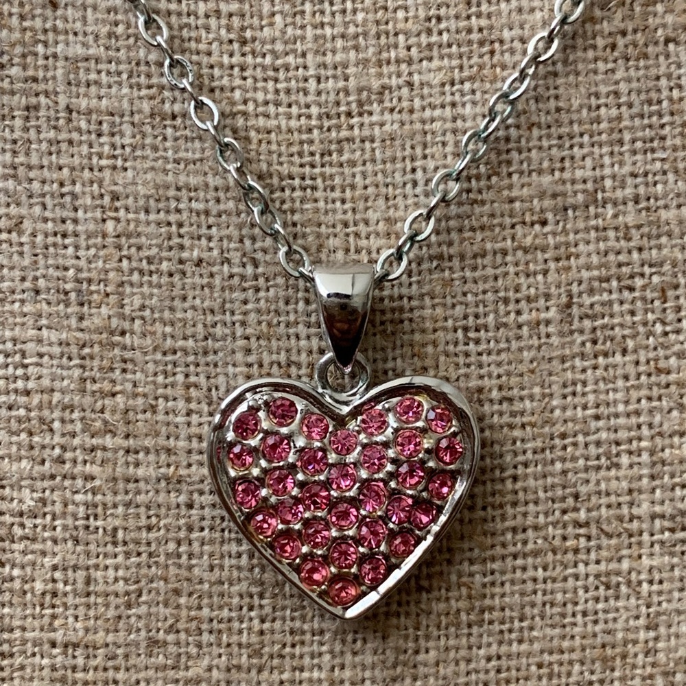 Pink rhinestone heart necklace.